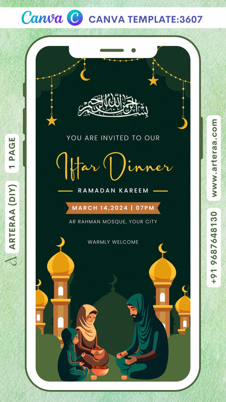 Iftar Party invitation Canva Editable video Template in english language with muslim family doodle, masjid as night view theme design 3607