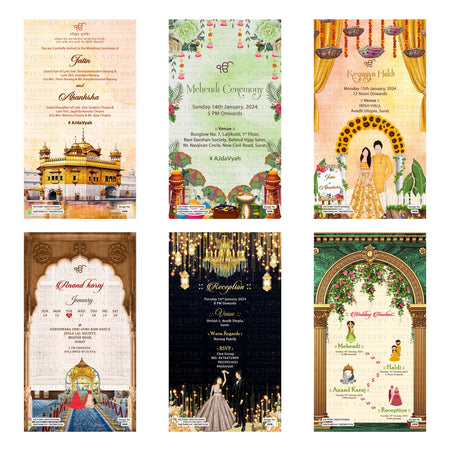 Traditional Indian Anand Karaj and wedding digital invitation card set 3608 featuring Jatin and Akanksha, Mehendi Ceremony, Kesariya Haldi, and Reception templates.
