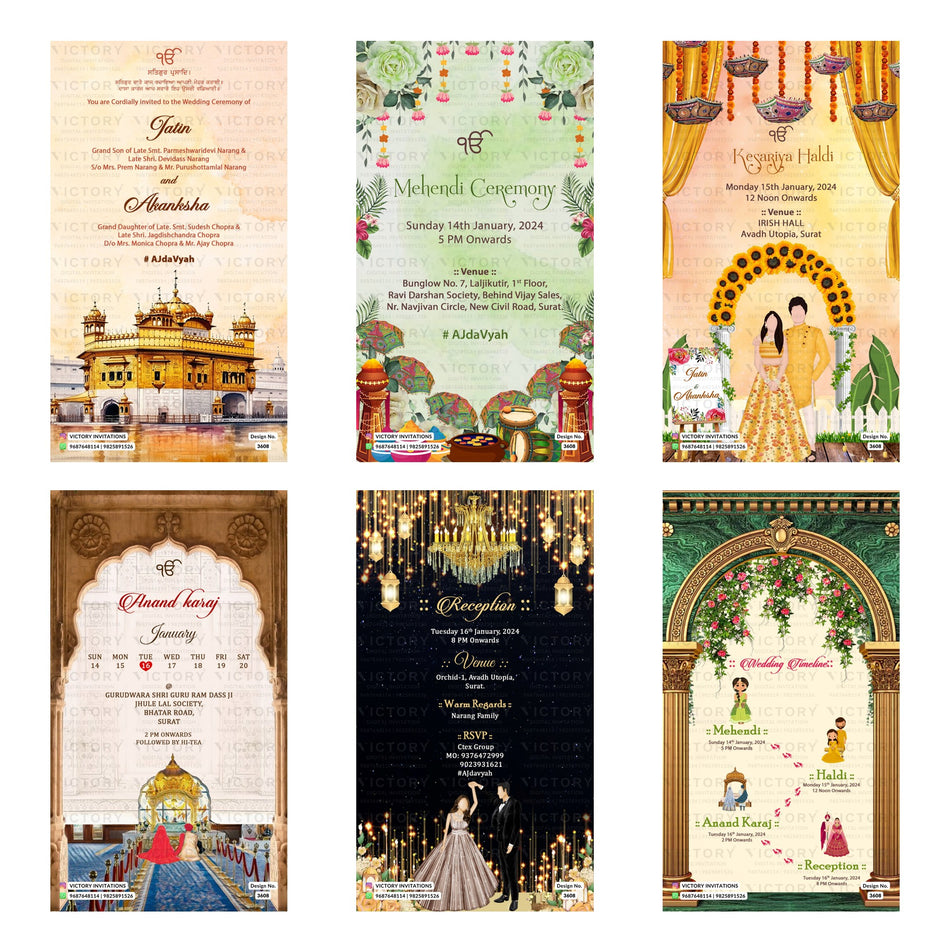 Traditional Indian Anand Karaj and wedding digital invitation card set 3608 featuring Jatin and Akanksha, Mehendi Ceremony, Kesariya Haldi, and Reception templates.