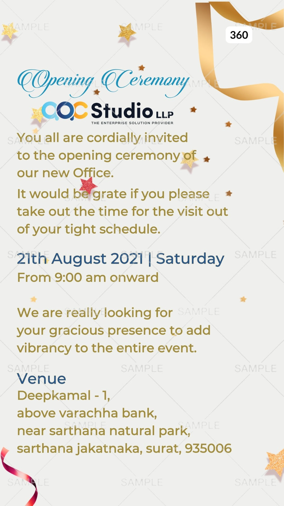 Opening invitation card Canva Editable Template in english language with ribin as sparkl theme design 360