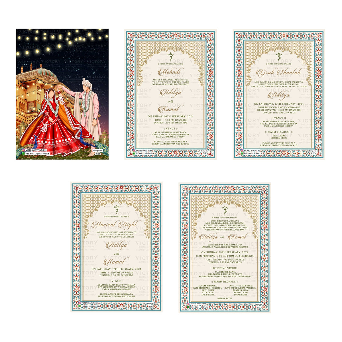 Traditional Indian wedding digital invitation card set 3613 featuring Mehndi, Grah Shantak, Musical Night, and Wedding ceremony templates for Aditya and Komal   