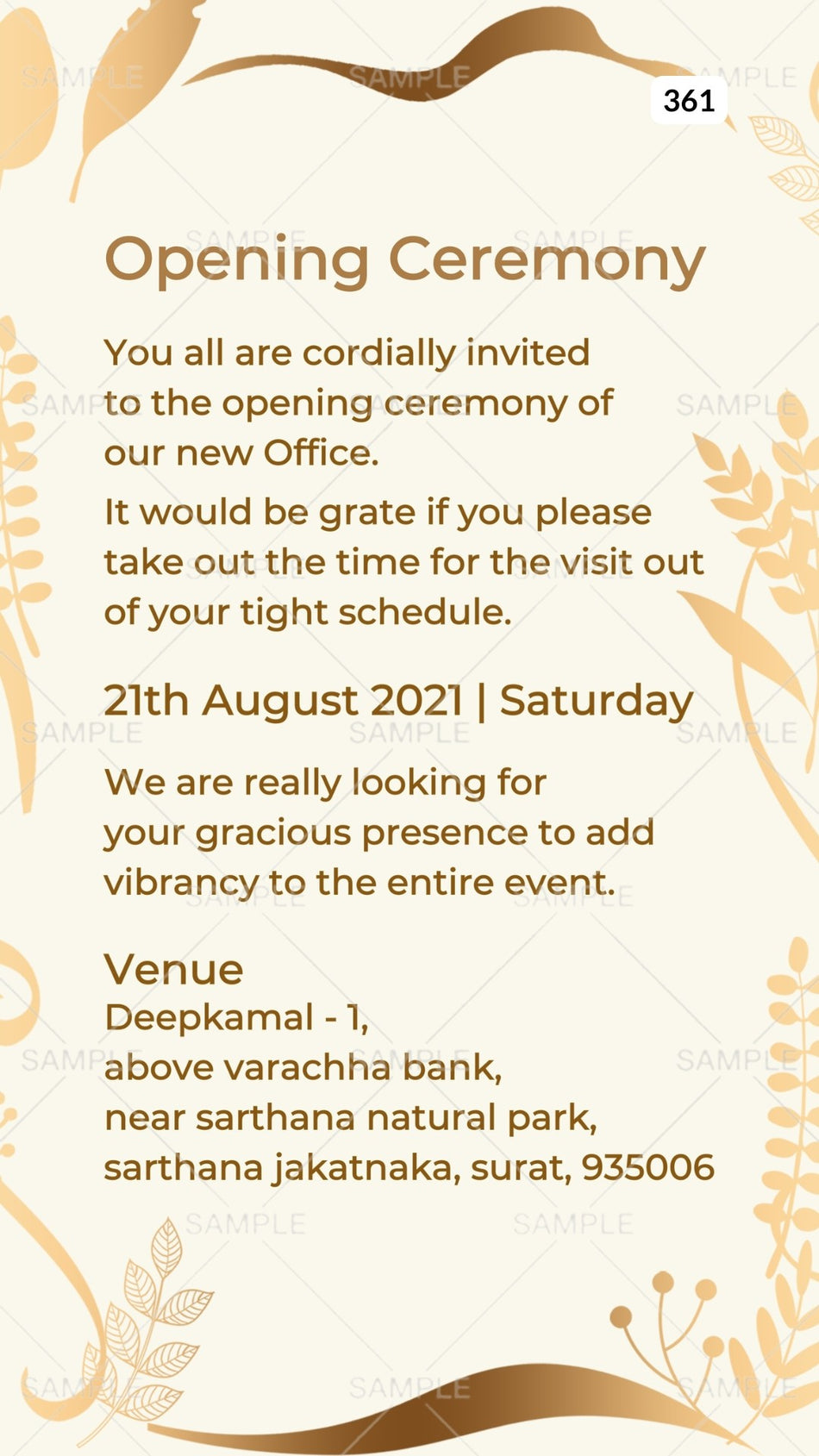 Opening invitation card Canva Editable Template in english language with leaves as golden leaves theme design 361