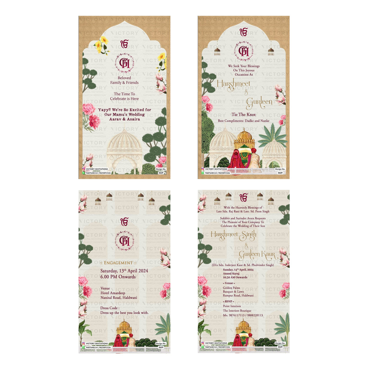 Traditional Indian wedding digital invitation card set 3629 featuring Harshmeet and Gurleen templates with Sikh wedding symbols and floral artwork   