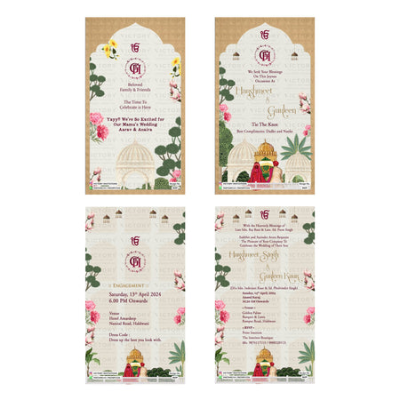 Traditional Indian wedding digital invitation card set 3629 featuring Harshmeet and Gurleen templates with Sikh wedding symbols and floral artwork   