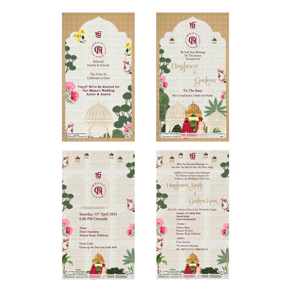 Traditional Indian wedding digital invitation card set 3629 featuring Harshmeet and Gurleen templates with Sikh wedding symbols and floral artwork   