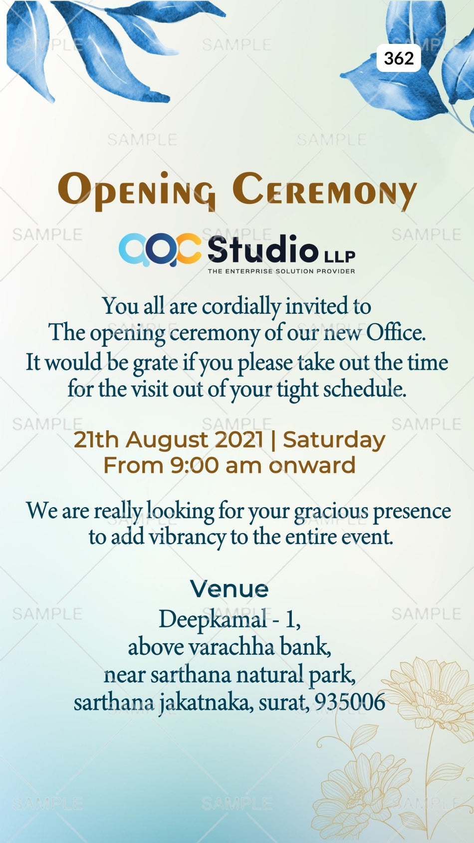 Opening invitation card Canva Editable Template in english language with levaes as minimalistic theme design 362