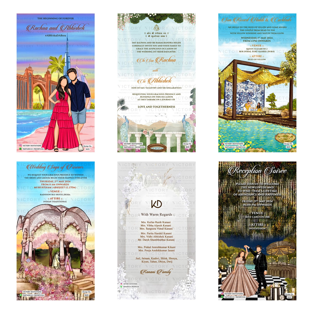 Traditional Indian wedding digital invitation card set 3631 featuring Rachna and Abhishek templates with '#ABRakaDABera' branding   