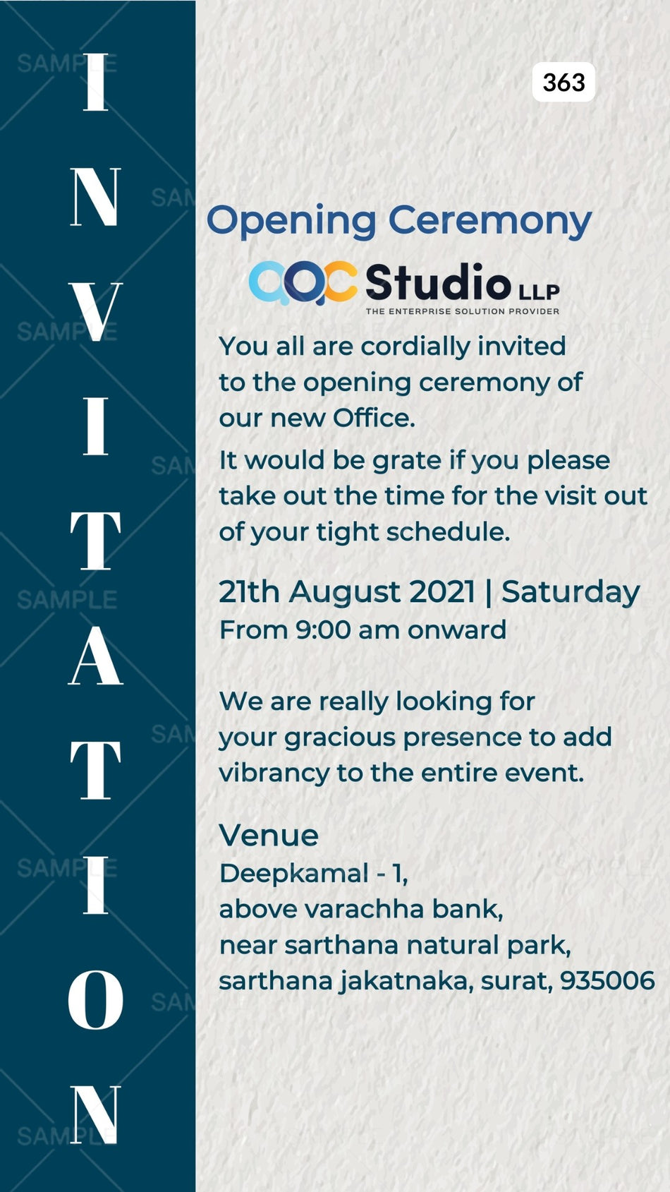 Opening invitation card Canva Editable Template in english language with minimalistic theme design 363