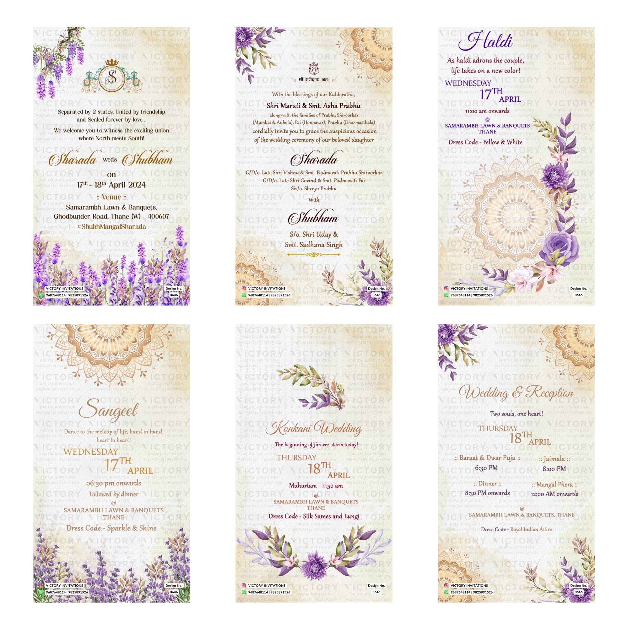 Traditional Indian wedding digital invitation card set 3646 featuring Sharada and Shubham, Haldi, Sangeet, Konkani Wedding, and Wedding & Reception templates.