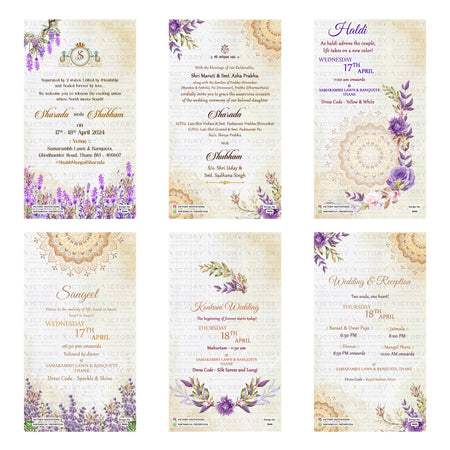Traditional Indian wedding digital invitation card set 3646 featuring Sharada and Shubham, Haldi, Sangeet, Konkani Wedding, and Wedding & Reception templates.