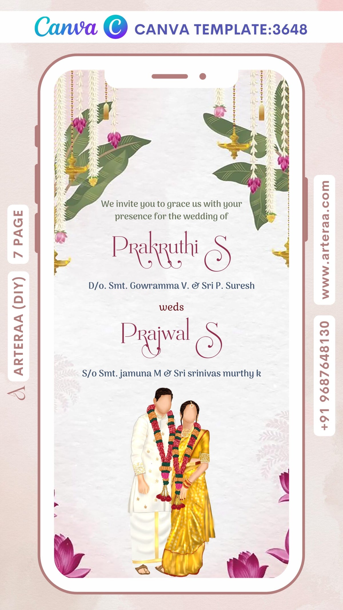 Wedding ceremony invitation Canva Editable video Template of hindu south indian kannada family in English language with Traditional theme design 3648