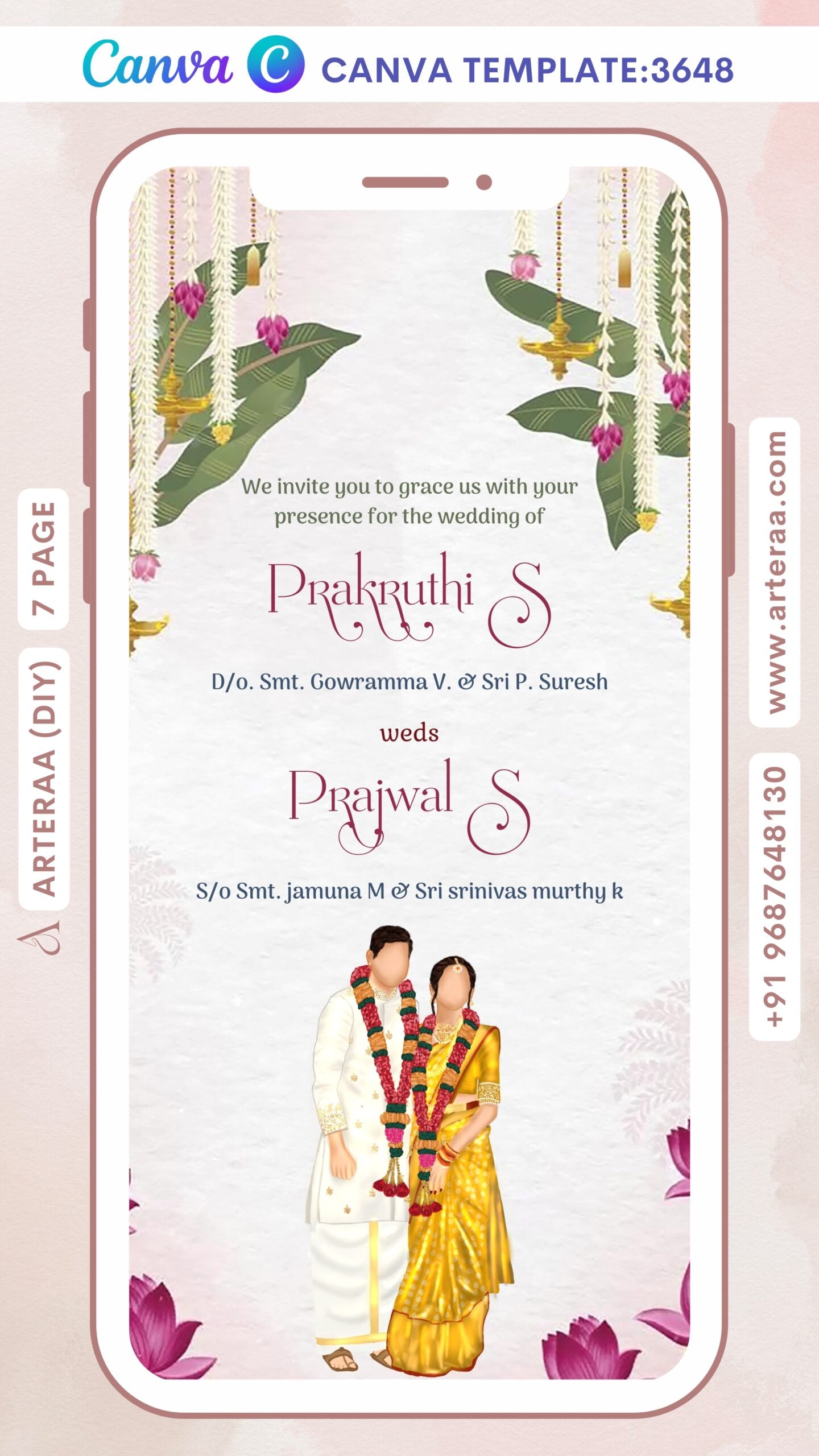 Wedding ceremony invitation Canva Editable video Template of hindu south indian kannada family in English language with Traditional theme design 3648