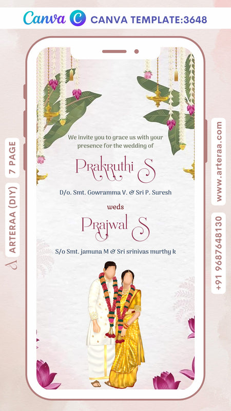 Wedding ceremony invitation Canva Editable video Template of hindu south indian kannada family in English language with Traditional theme design 3648