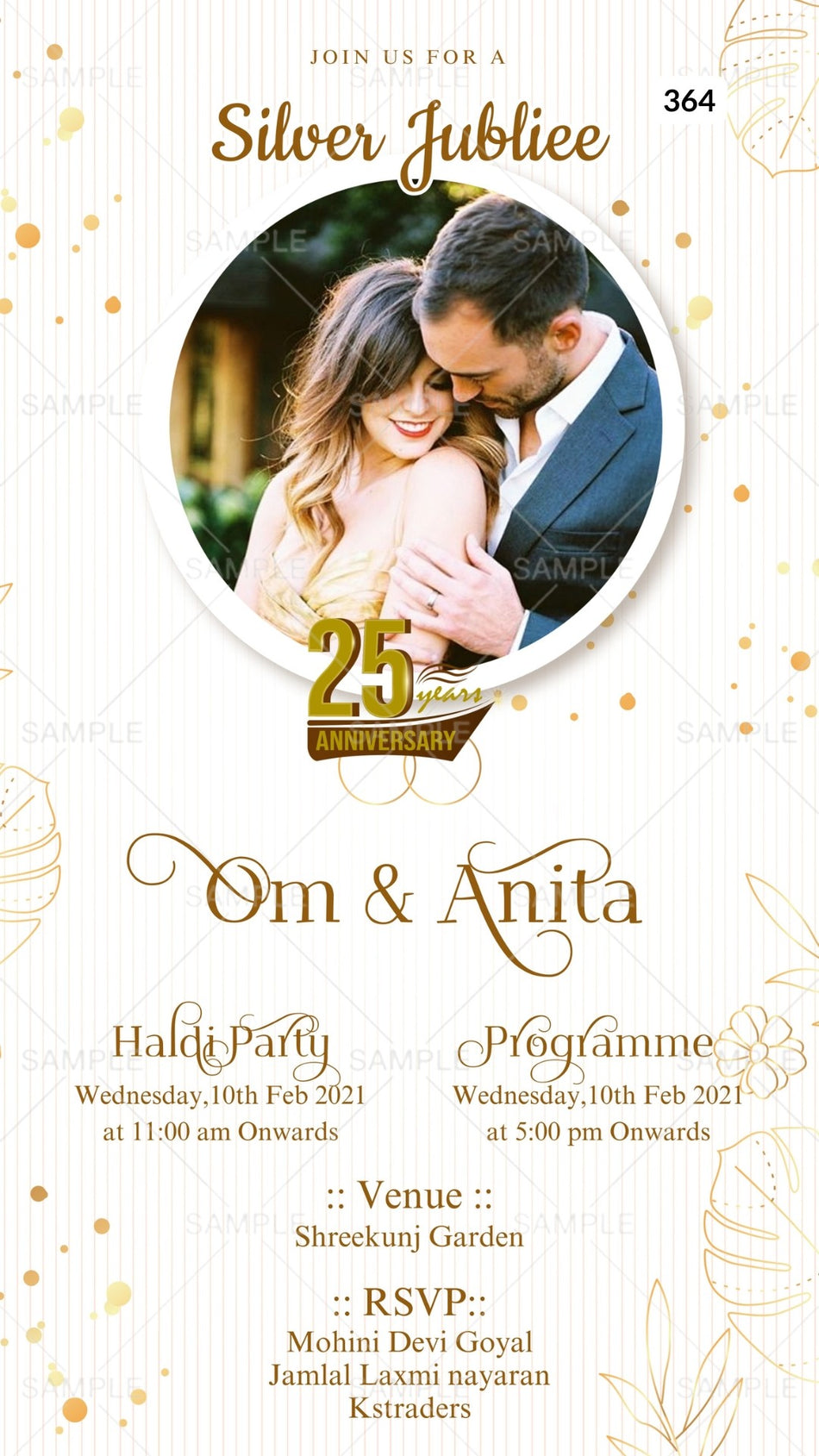 25th Wedding Anniversary invitation card Canva Editable Template in English language with leaves, couple photo as glittery theme design 364