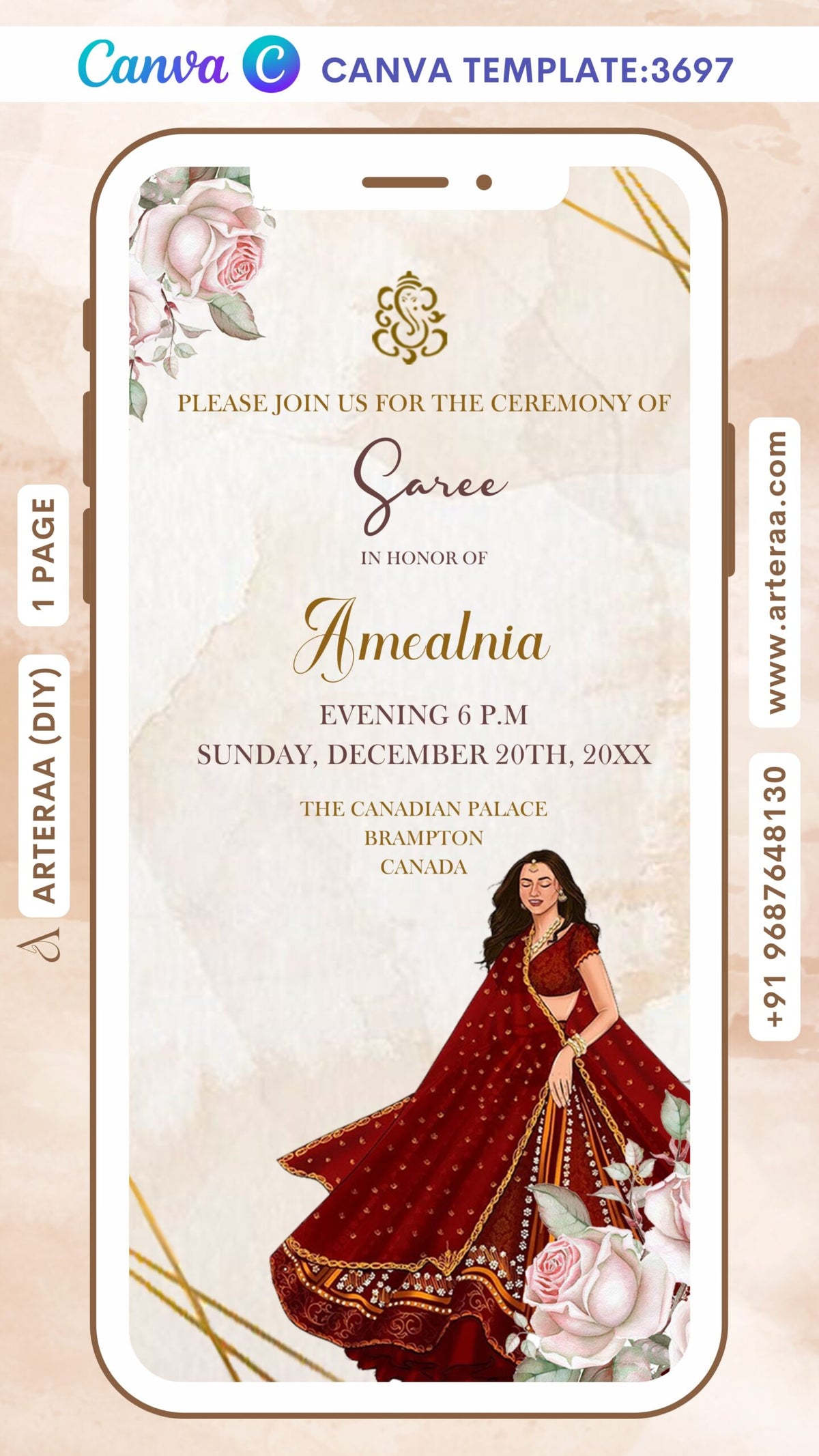 Half Saree ceremony invitation Canva Editable video Template in english language with royal theme design 3697