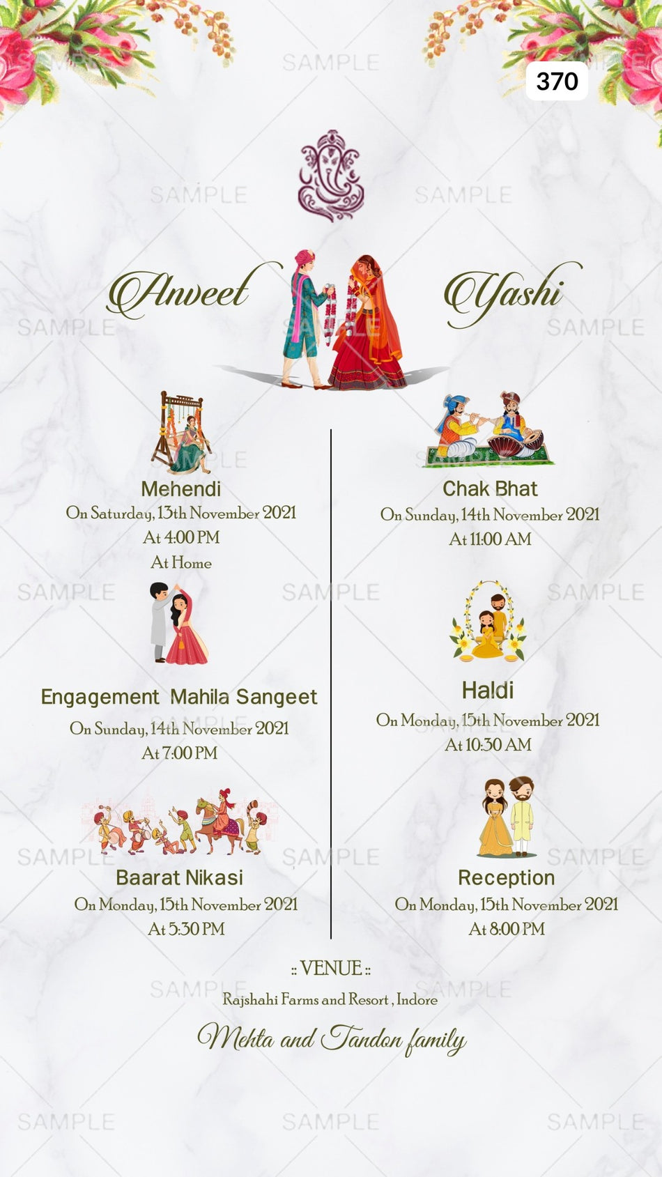 Wedding ceremony invitation card Canva Editable Template of hindu north indian in english language with Minimalistic theme design 370