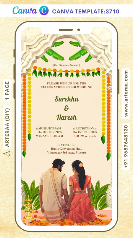 Wedding ceremony invitation Canva Editable video Template of hindu south indian kannada family in English language with traditional theme design 3710