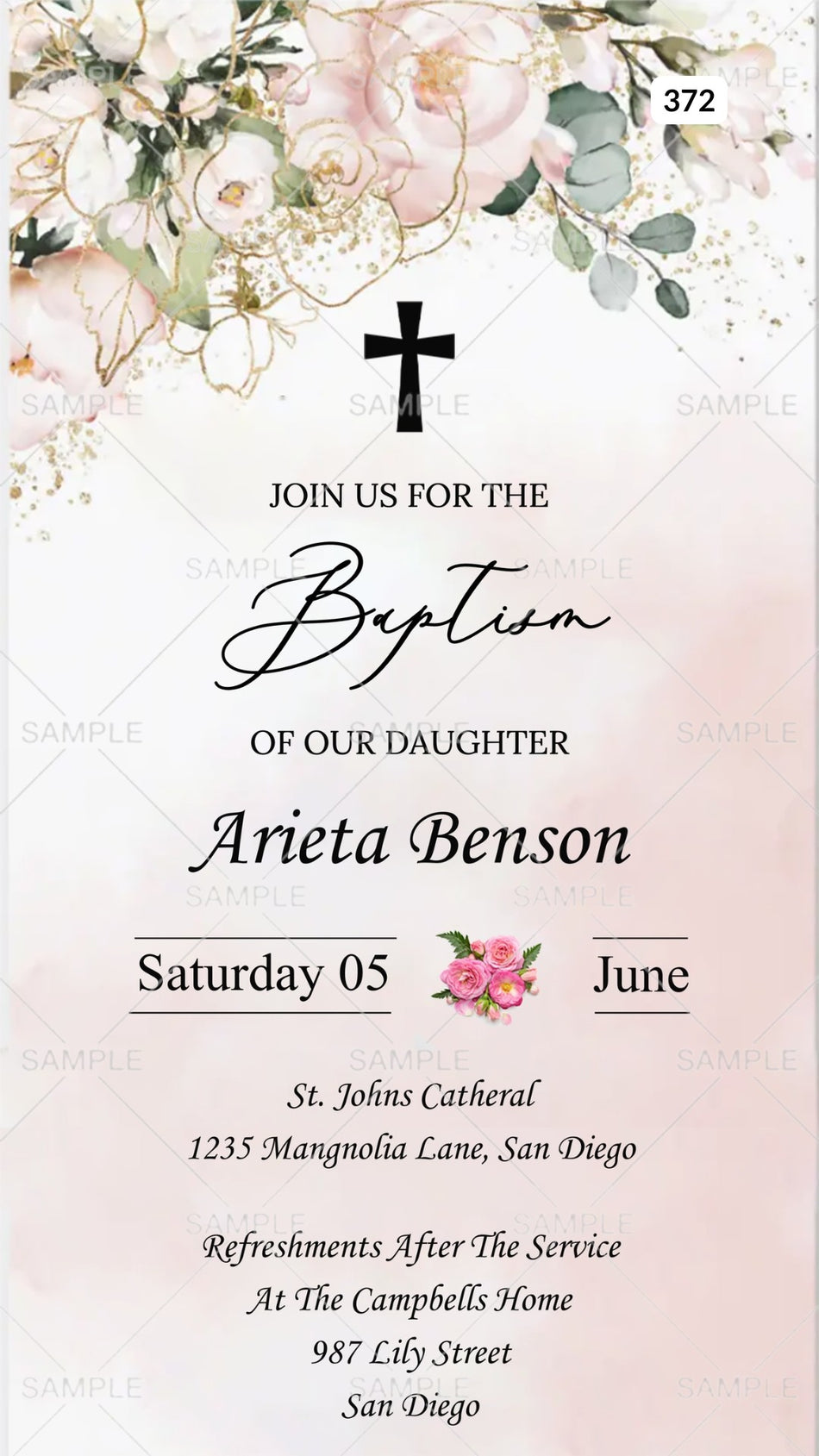 Baptism ceremony invitation card Canva Editable Template in english language with flowers, christian cross symbol as floral theme design 372