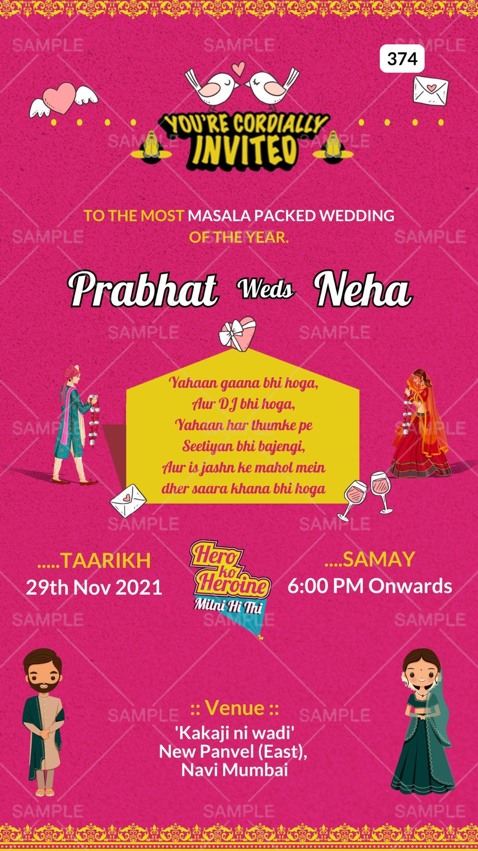 Wedding ceremony invitation card Canva Editable Template of hindu maharashtrian marathi in english language with Bollywood theme design 374