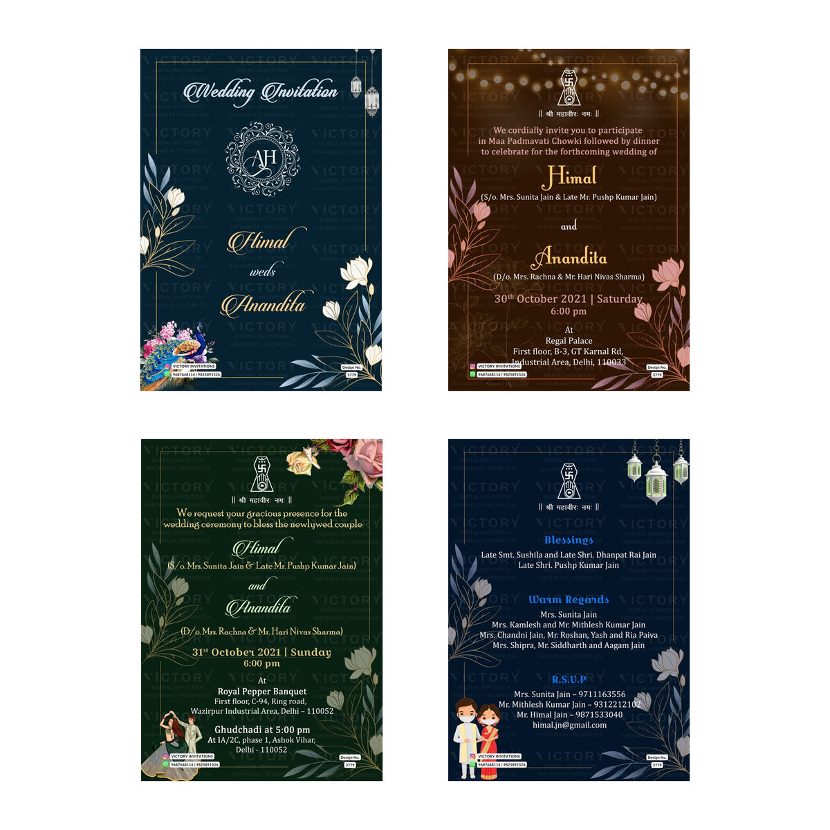 Traditional Indian wedding digital invitation card set 3779 featuring Himal and Anandita templates with Jain family blessings and artwork   