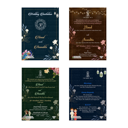 Traditional Indian wedding digital invitation card set 3779 featuring Himal and Anandita templates with Jain family blessings and artwork   