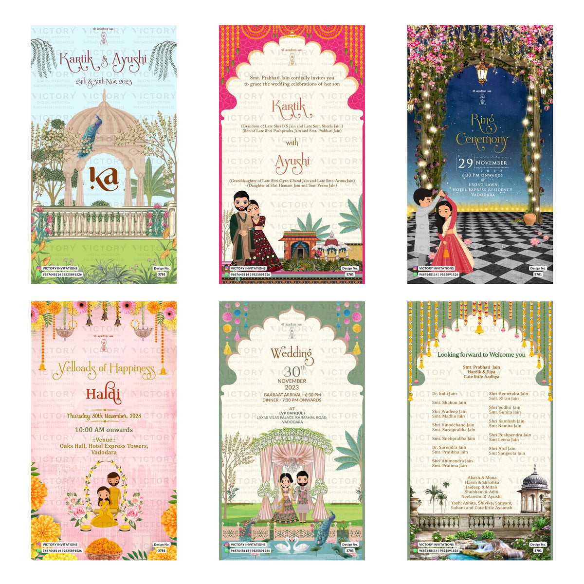Traditional Indian wedding digital invitation card set 3781 featuring Kartik and Ayushi, Ring Ceremony, Haldi, and Wedding templates.