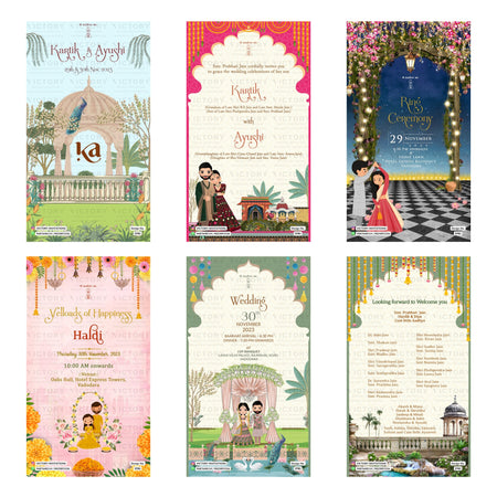 Traditional Indian wedding digital invitation card set 3781 featuring Kartik and Ayushi, Ring Ceremony, Haldi, and Wedding templates.