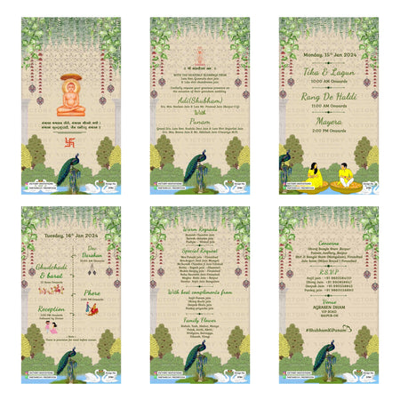 Traditional Indian wedding digital invitation card set 3784 featuring Adi (Shubham) and Punam, Tika & Lagun, Rang De Haldi, Mayera, Dev Darshan, Ghudchadhi & Barat, Phere, and Reception templates.