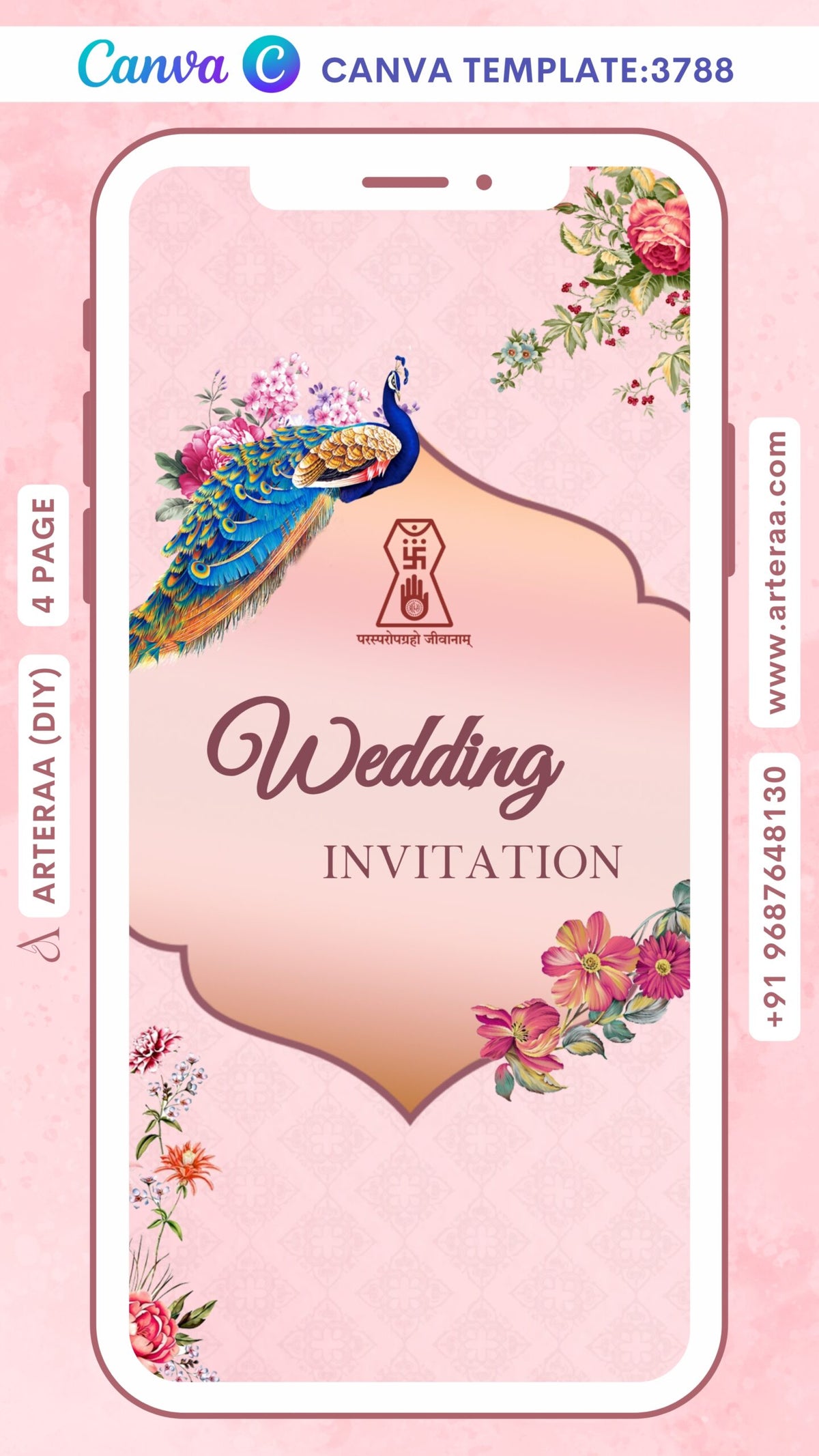 Wedding ceremony invitation Canva Editable video Template of hindu jain family in English language with Arch and floral theme design 3788