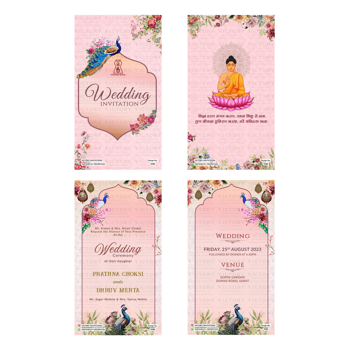 Traditional Indian wedding digital invitation card set 3788 featuring Prathna Choksi and Dhruv Mehta templates with peacock and floral artwork   