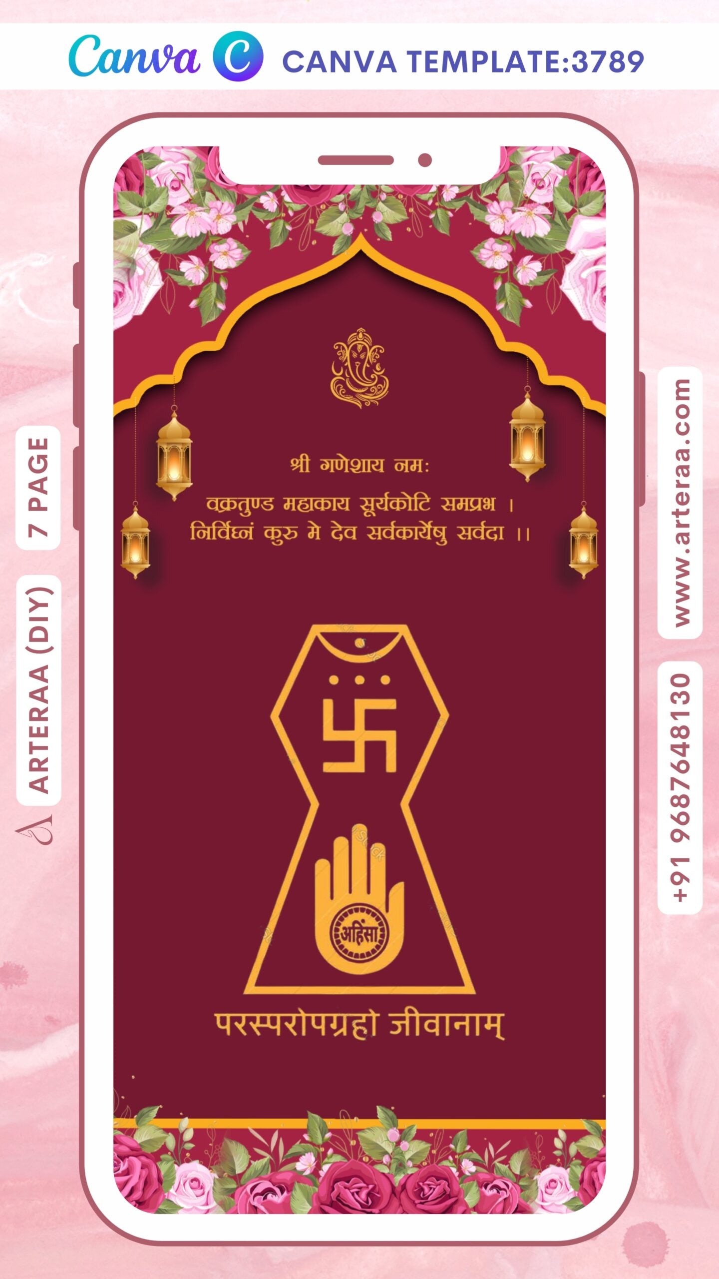 Wedding ceremony invitation Canva Editable video Template of hindu jain family in English language with Arch and floral theme design 3789