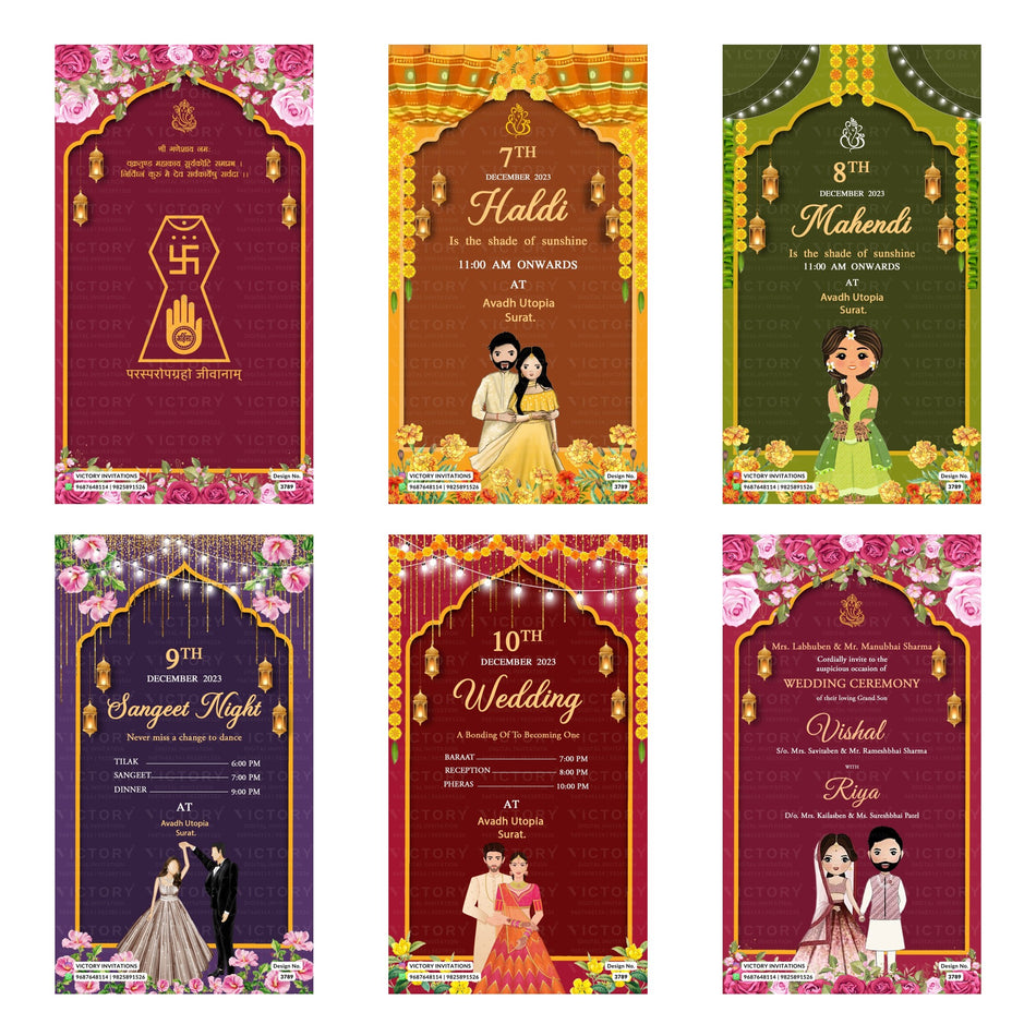 Indian wedding digital invitation card set 3789 featuring Vishal and Riya, Haldi, Mahendi, Sangeet Night, Wedding, and Wedding Ceremony templates.