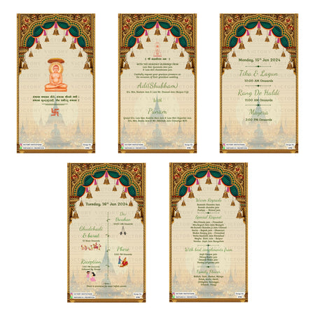 Traditional Indian wedding digital invitation card set 3790 featuring Adi (Shubham) and Punam, Tika & Lagun, Rang De Haldi, Mayera, Darshan, Ghudchadhi, Phere, and Reception templates.