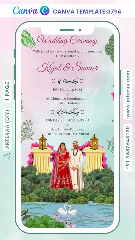 Wedding ceremony invitation Canva Editable video Template of hindu gujarati patel family in English language with traditional theme design 3794