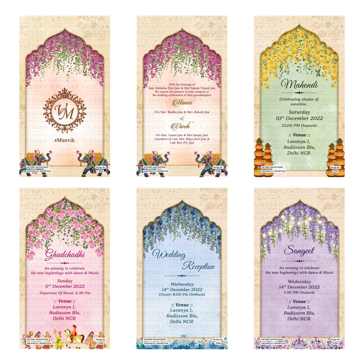 Indian wedding digital invitation card set 3796 featuring Mansi and Vivek, Mahendi, Ghudchadhi, Wedding Reception, and Sangeet templates.