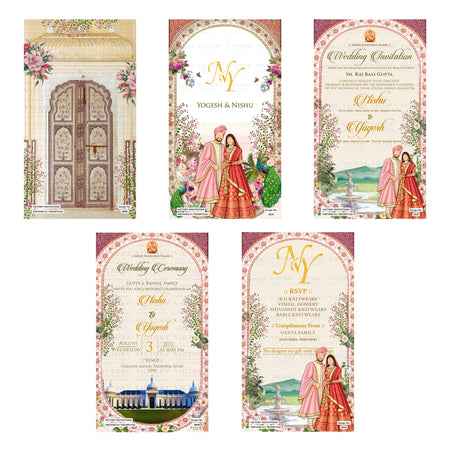 Traditional Indian wedding digital invitation card set 3830 featuring Yogesh and Nishu templates with Gupta and Bansal family branding   