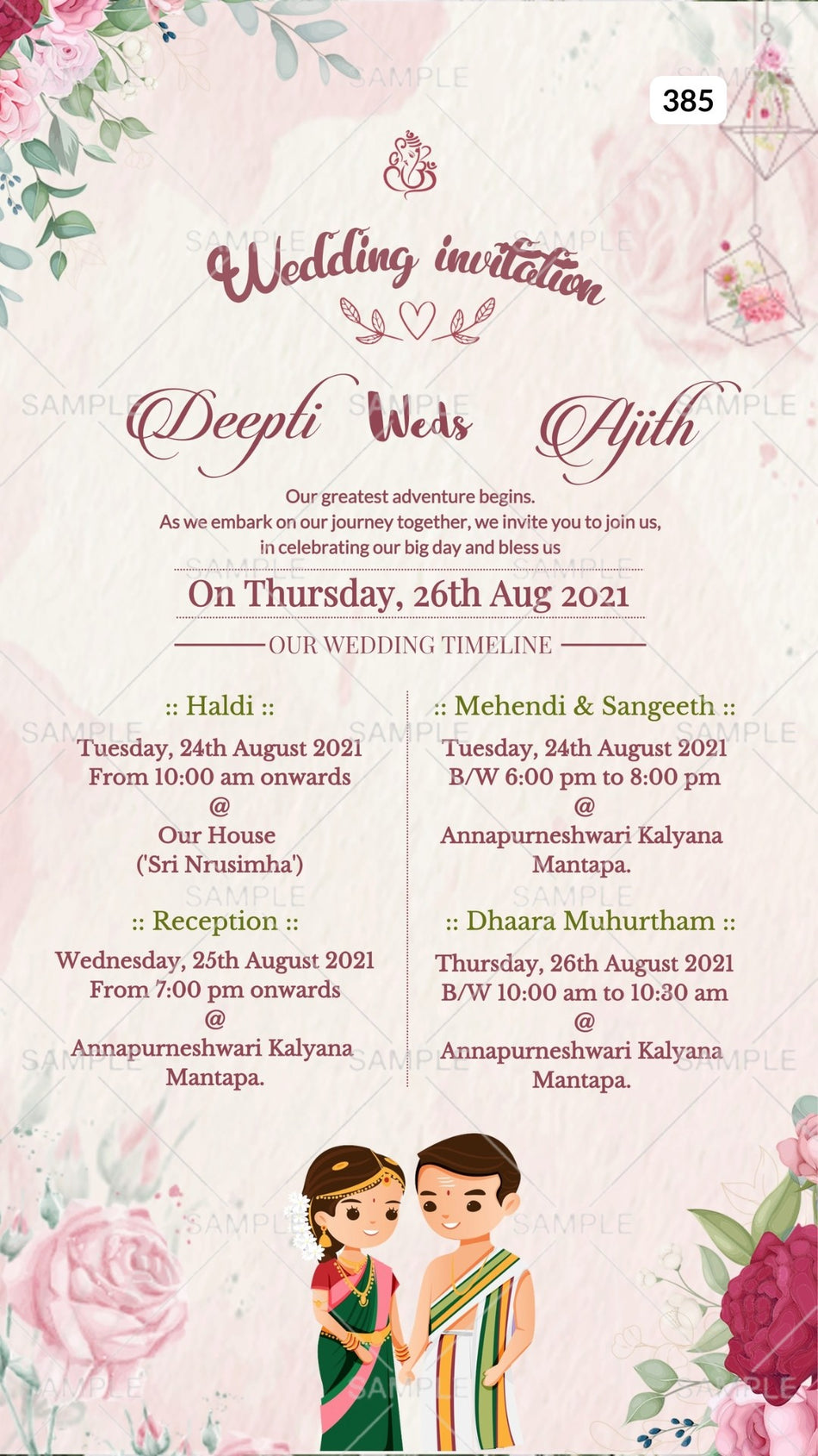 Wedding ceremony invitation card Canva Editable Template of hindu south indian kannada family in english language with floral theme design 385
