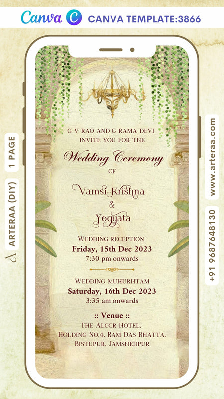 Wedding ceremony invitation Canva Editable video Template of hindu rajput family in English language with gate theme design 3866
