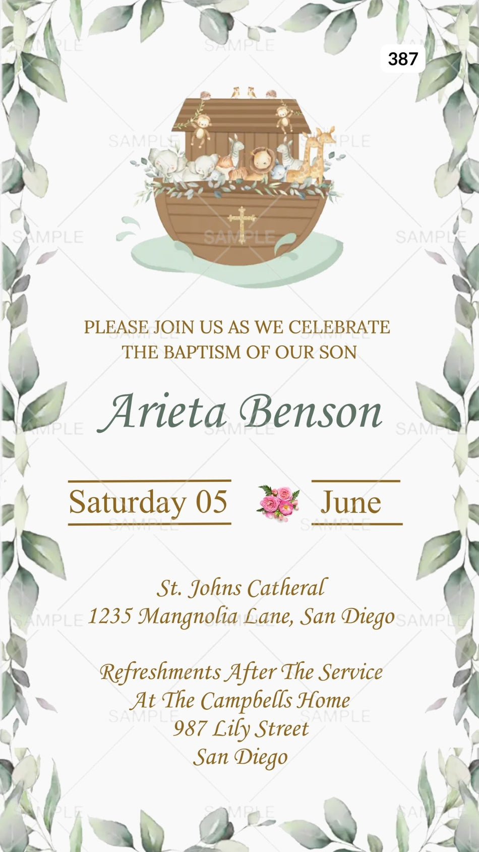 Baptism ceremony invitation card Canva Editable Template in english language with flowers, toys as floral theme design 387