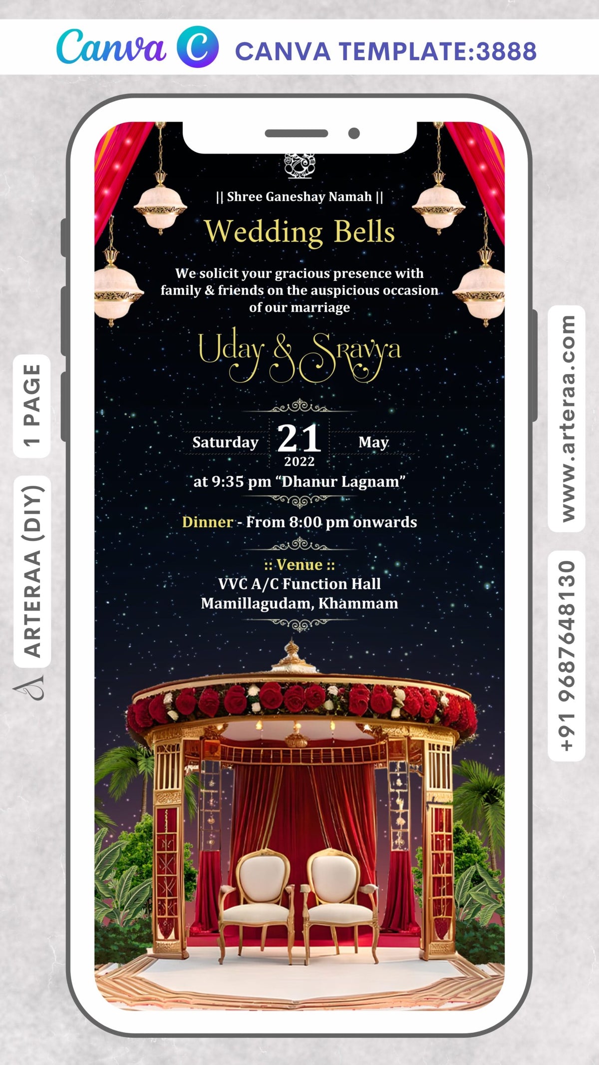 Wedding ceremony invitation Canva Editable video Template of hindu south indian telugu family in English language with Royal theme design 3888