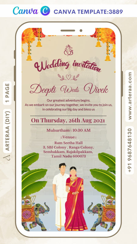 Wedding ceremony invitation Canva Editable video Template of hindu south indian tamil family in English language with Marigold flowers theme design 3889