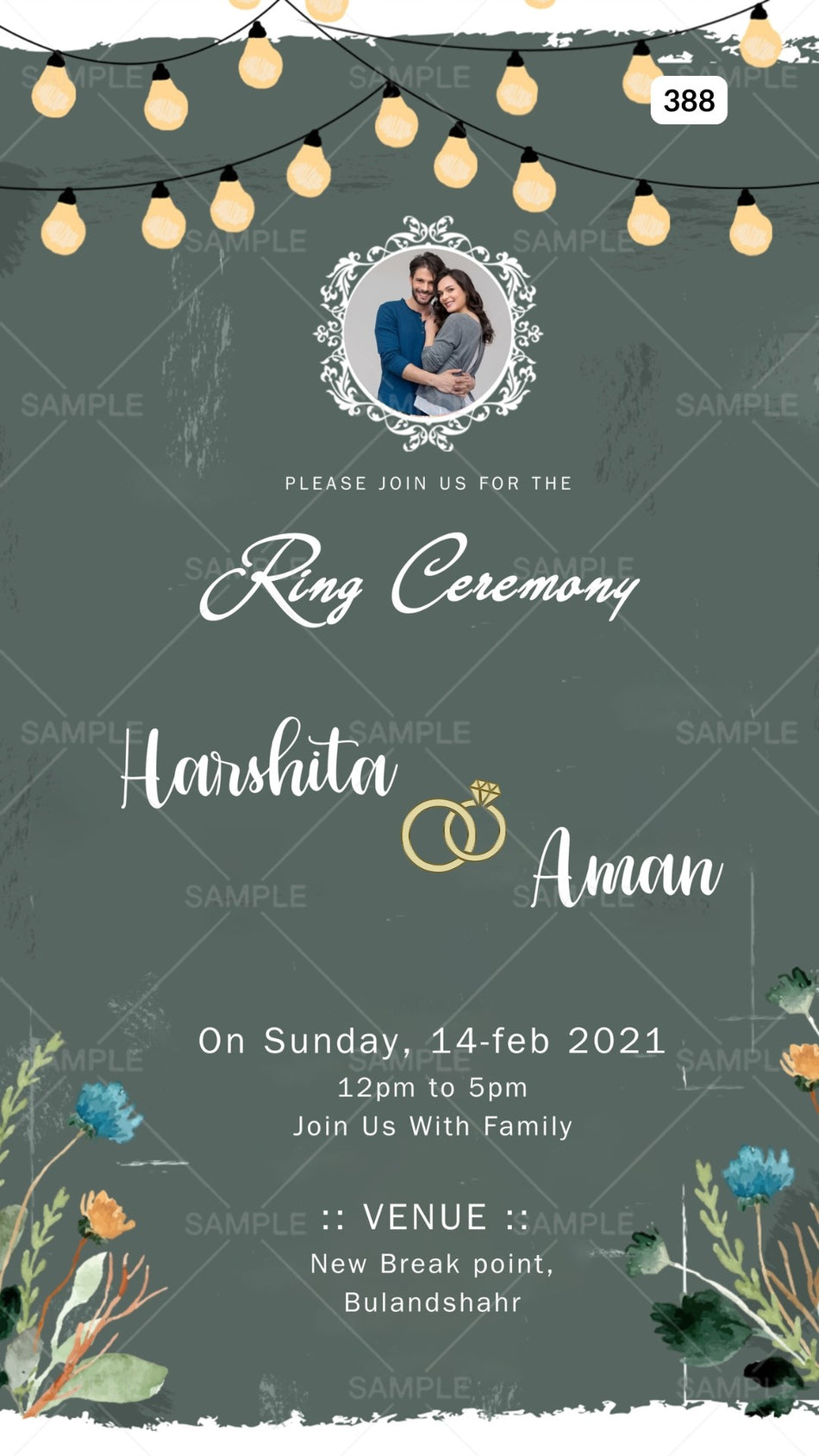 Engagement ceremony invitation card Canva Editable Template in english language with string light, ring, leaves, flowers as couple photo theme design 388