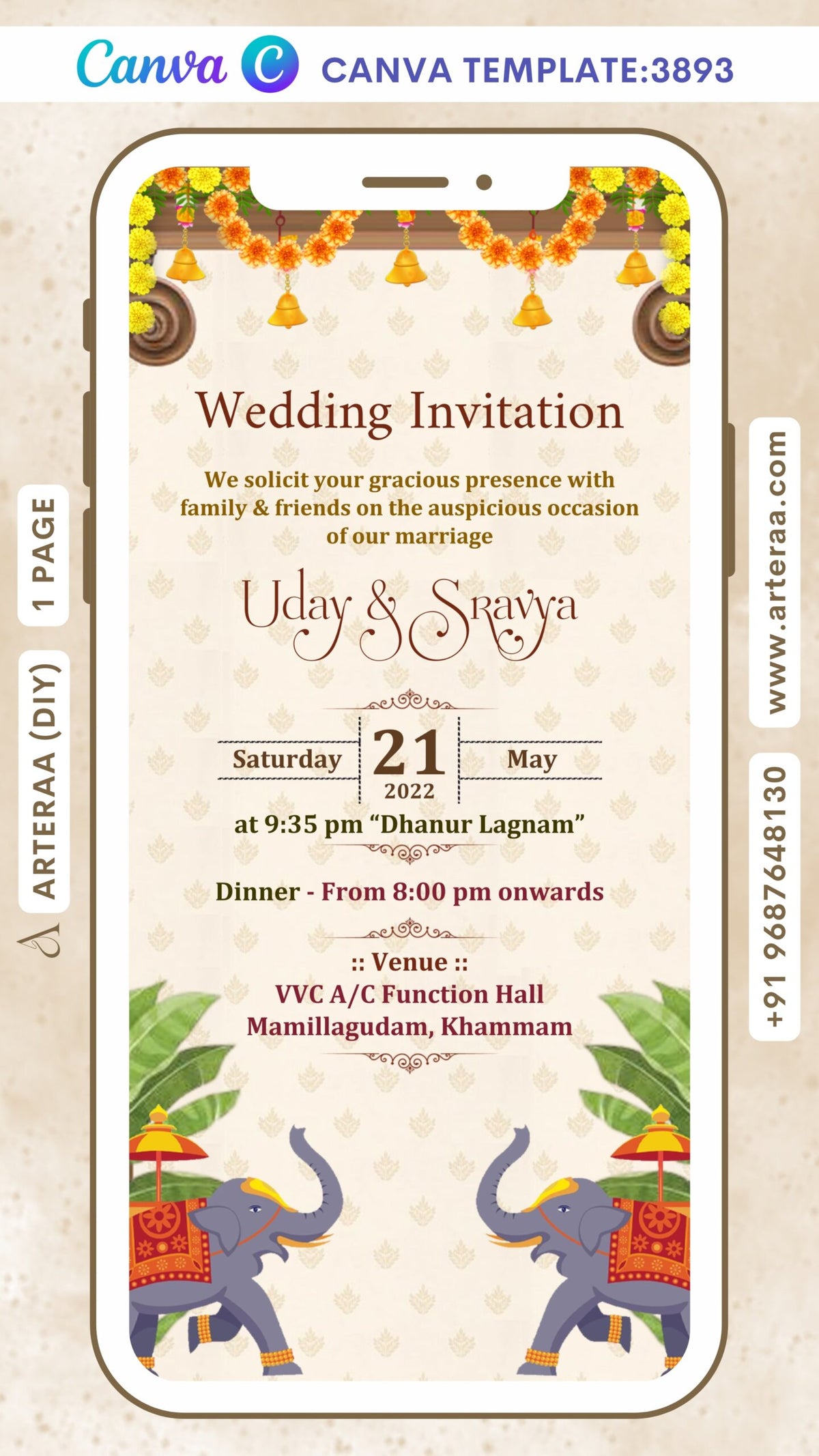 Wedding ceremony invitation Canva Editable video Template of hindu south indian telugu family in English language with Gate theme design 3893