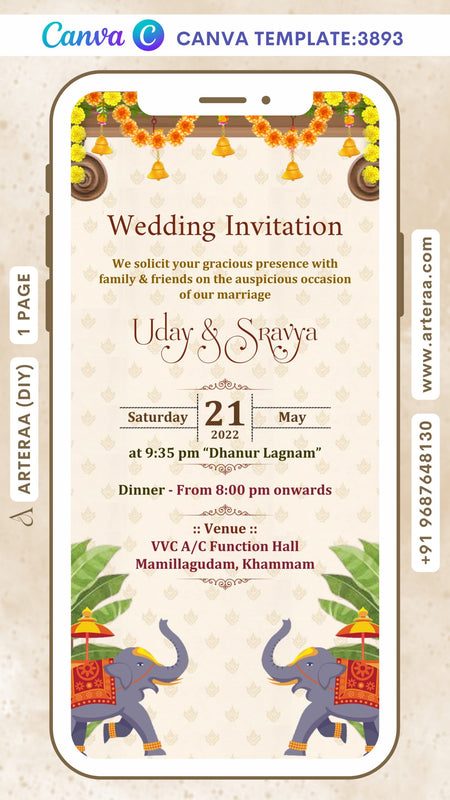 Wedding ceremony invitation Canva Editable video Template of hindu south indian telugu family in English language with Gate theme design 3893