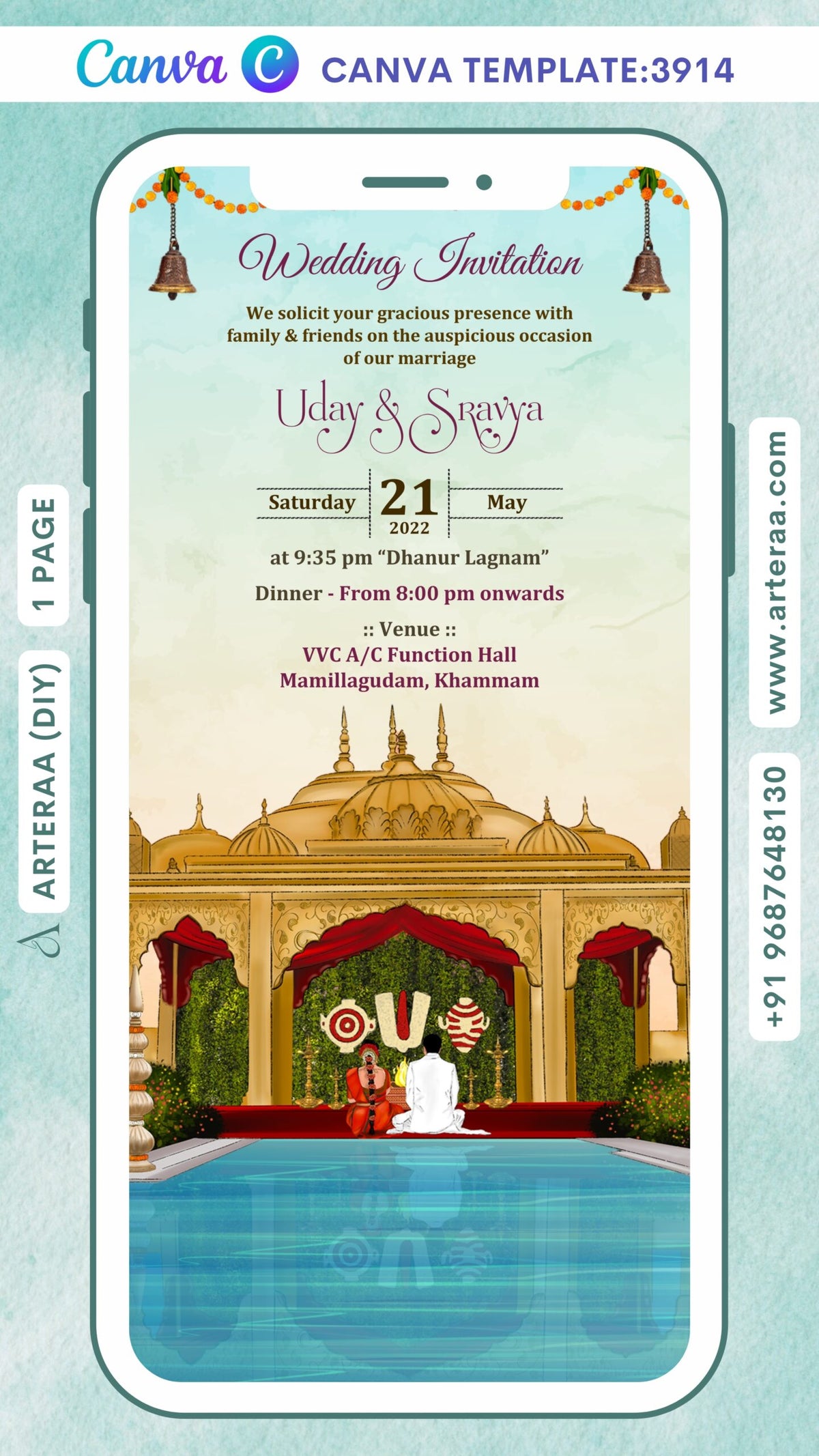 Wedding ceremony invitation Canva Editable video Template of hindu south indian telugu family in English language with Royal theme design 3914