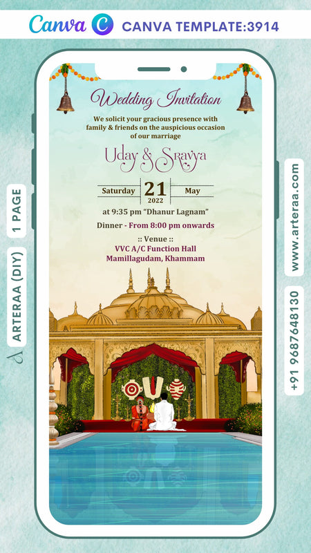 Wedding ceremony invitation Canva Editable video Template of hindu south indian telugu family in English language with Royal theme design 3914