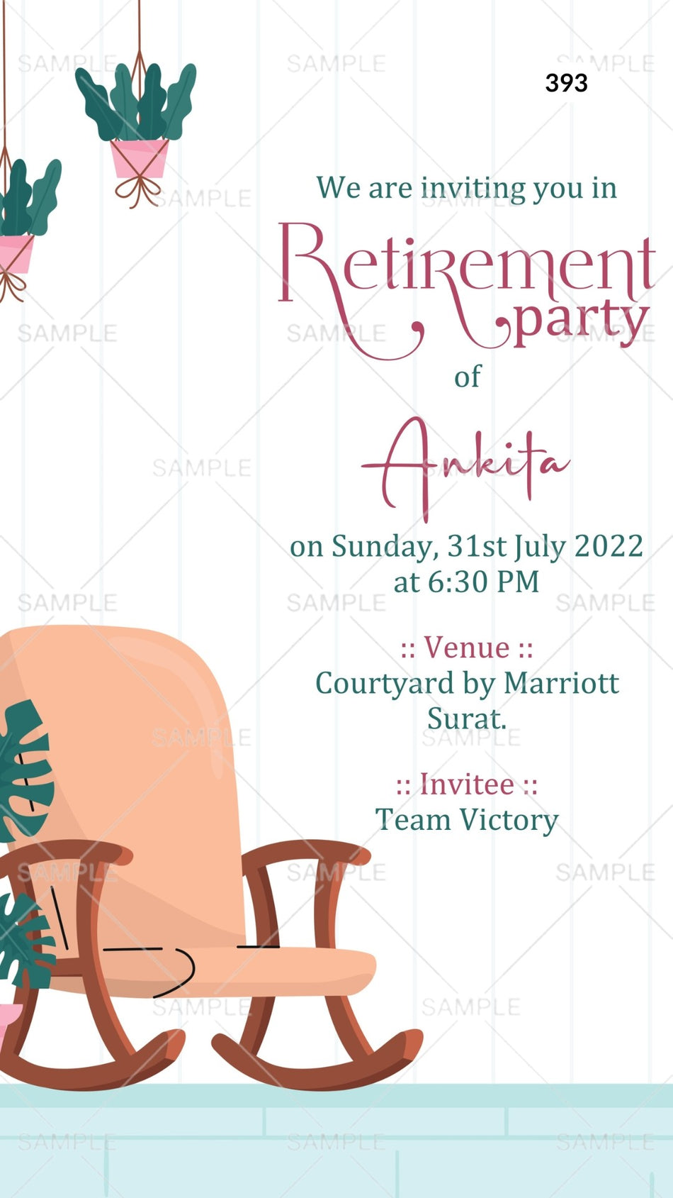 Retirement Party invitation card Canva Editable Template in english language with chair, flower pot as minimalistic theme design 393