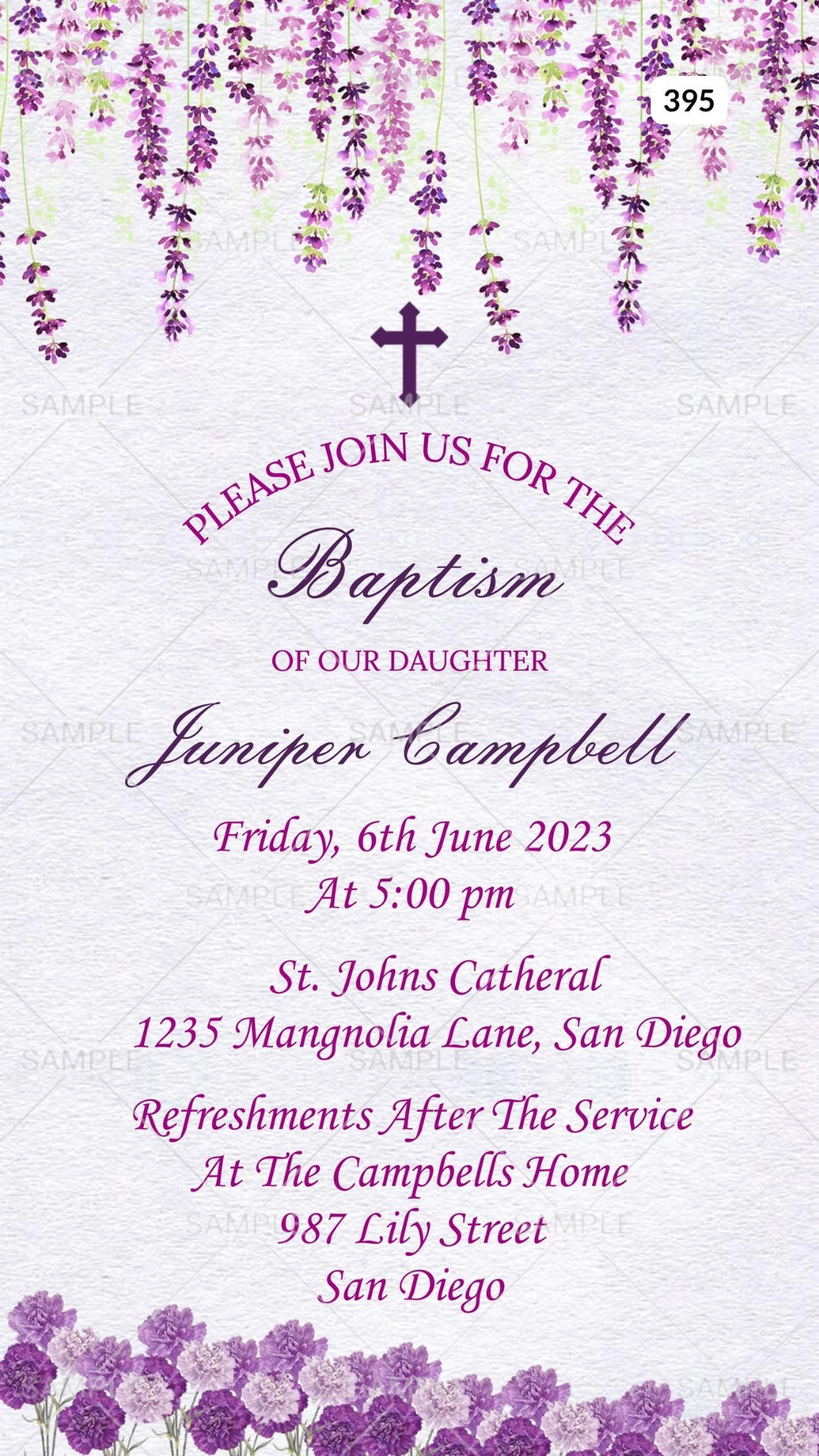 Baptism ceremony invitation card Canva Editable Template in english language with flowers as floral theme design 395