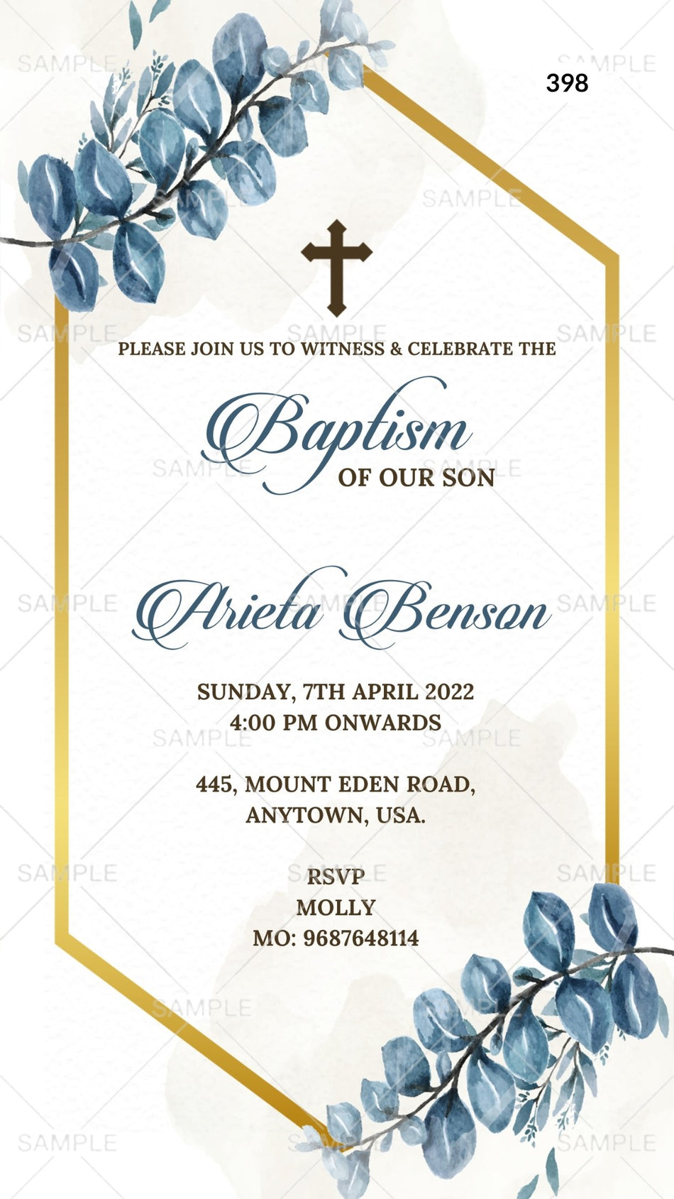 Baptism ceremony invitation card Canva Editable Template in english language with frame, leaves as minimalistic theme design 398