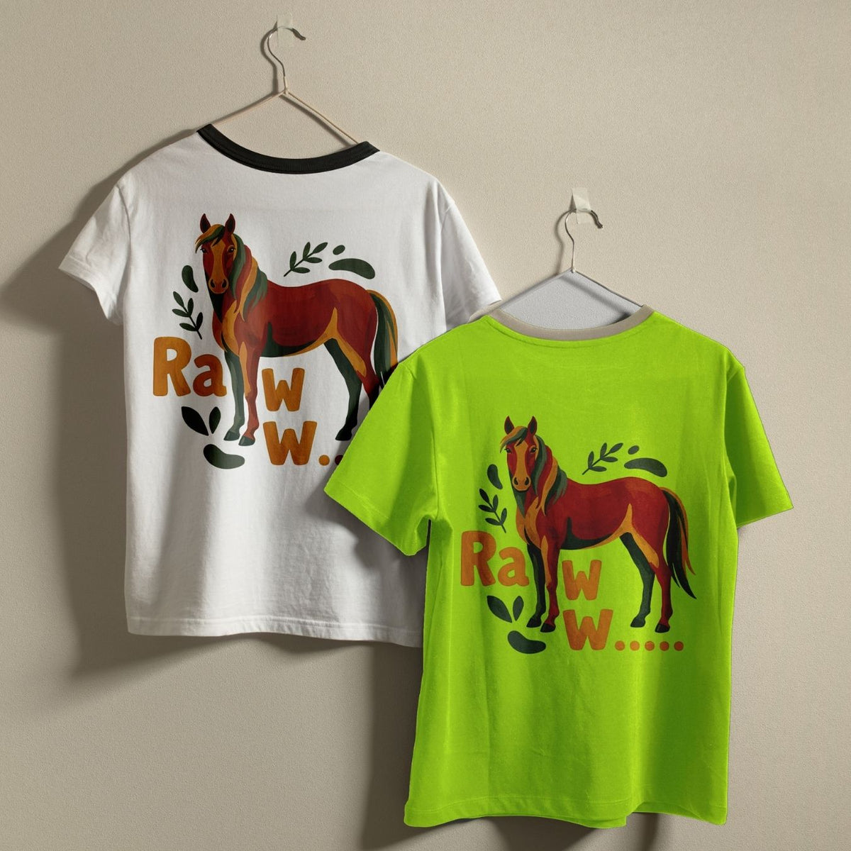 A white ringer t-shirt with a black collar and a vibrant lime green t-shirt hanging on a wall, displaying the custom horse graphic.